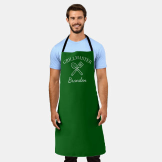 Men's Elegant Green Chef Name Modern Grillmaster Apron
