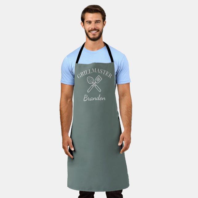 Men's Elegant Green Chef Name Modern Grillmaster Apron (Worn)