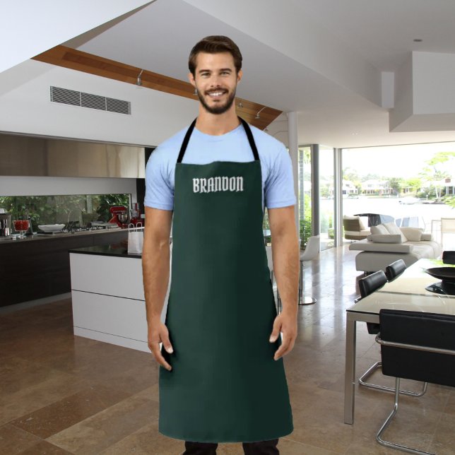 Men's Elegant Green White Name Modern Simple Apron (Creator Uploaded)