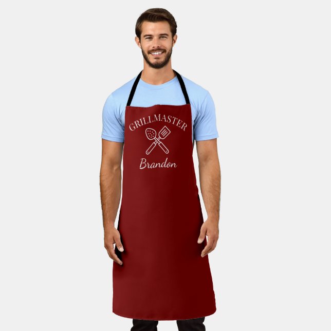 Men's Elegant Red Chef Name Modern Grillmaster Apron (Worn)