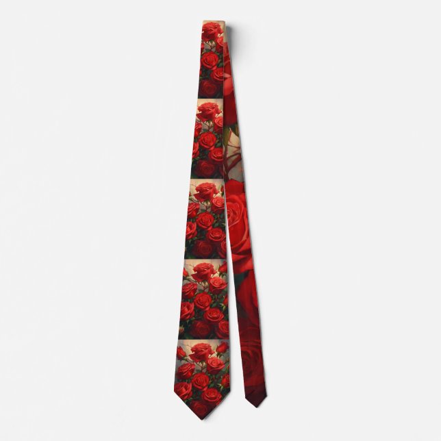Men's Elegant Red Rose Print Neck Tie . (Front)