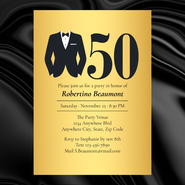Men's Elegant Tuxedo Gold Black 50th Birthday Invitation (Creator Uploaded)