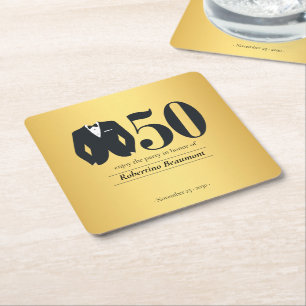 Men's Elegant Tuxedo Gold Black 50th Birthday Square Paper Coaster