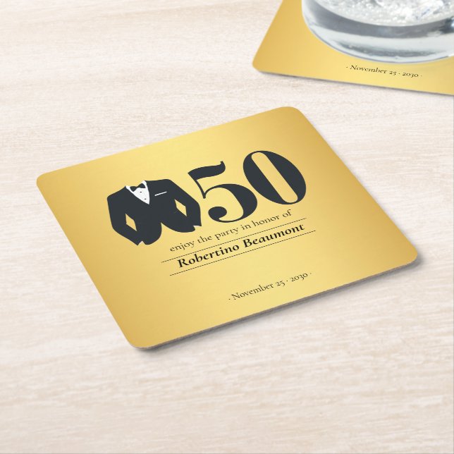 Men's Elegant Tuxedo Gold Black 50th Birthday Square Paper Coaster (Angled)