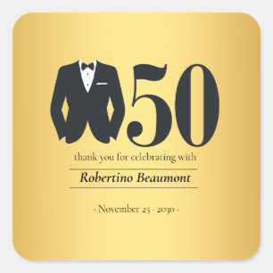Men's Elegant Tuxedo Gold Black 50th Birthday Square Sticker