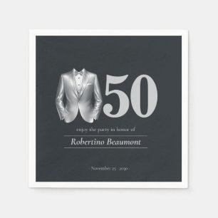 Men's Elegant Tuxedo Silver Black 50th Birthday Napkin