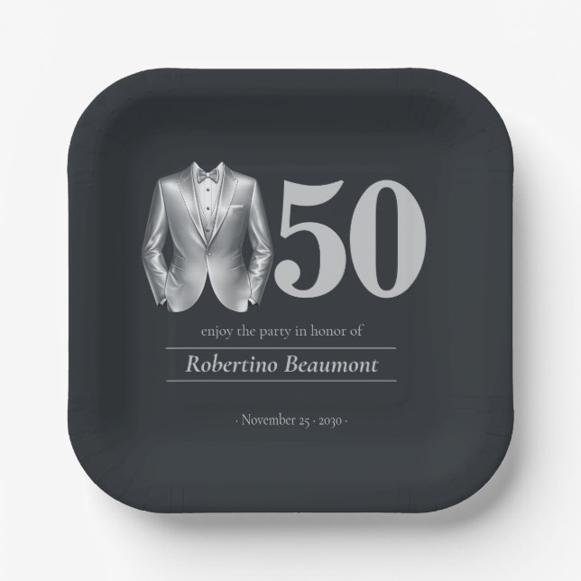 Men's Elegant Tuxedo Silver Black 50th Birthday Paper Plate (Front)