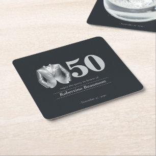 Men's Elegant Tuxedo Silver Black 50th Birthday Square Paper Coaster