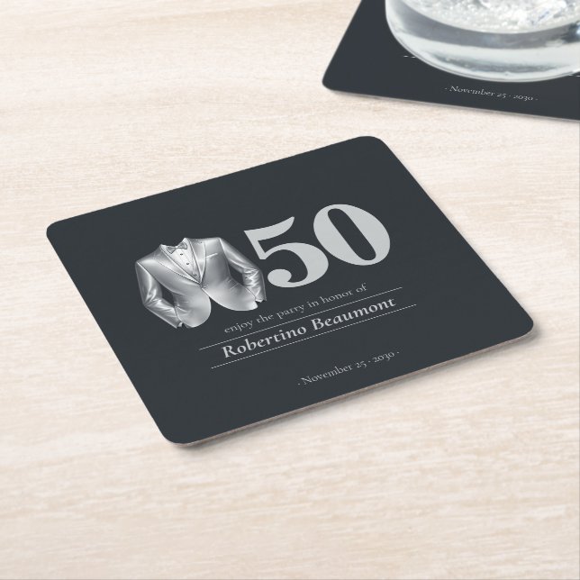 Men's Elegant Tuxedo Silver Black 50th Birthday Square Paper Coaster (Angled)