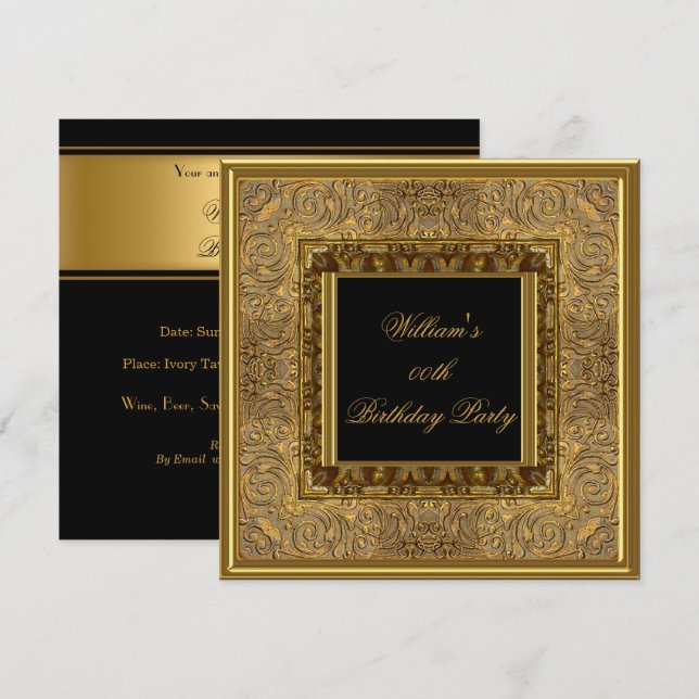 Mens Elegant Wooden Look Gold Birthday Party Invitation (Front/Back)