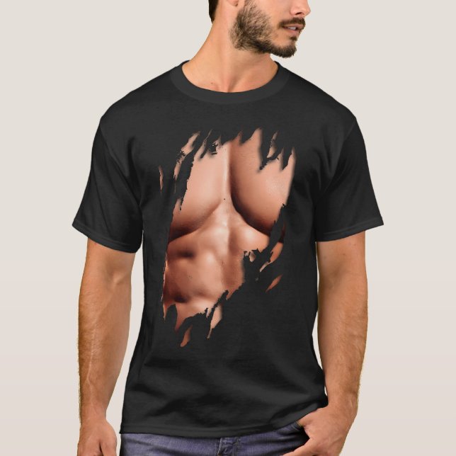 Mens Fake Chest Muscles Ripped Torn Six Pack Gym F T-Shirt (Front)