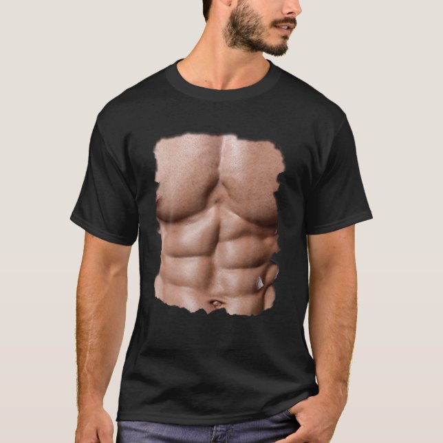 Mens Fake Muscle Under Chest Six Pack Abs Print T-Shirt (Front)