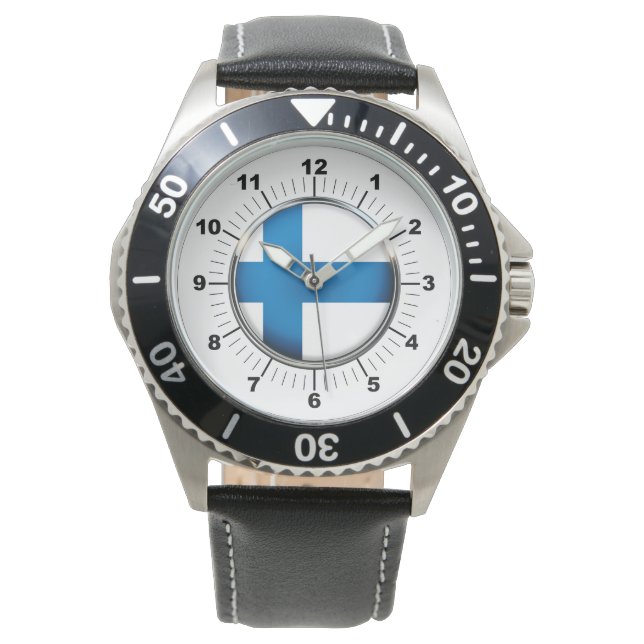 Men's Finland Flag Black Leather Strap Watch (Front)