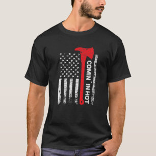 Mens Firefighter Comin´ in hot red line us flag Fi T-Shirt