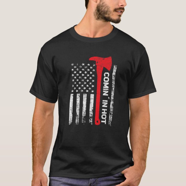 Mens Firefighter Comin´ in hot red line us flag Fi T-Shirt (Front)