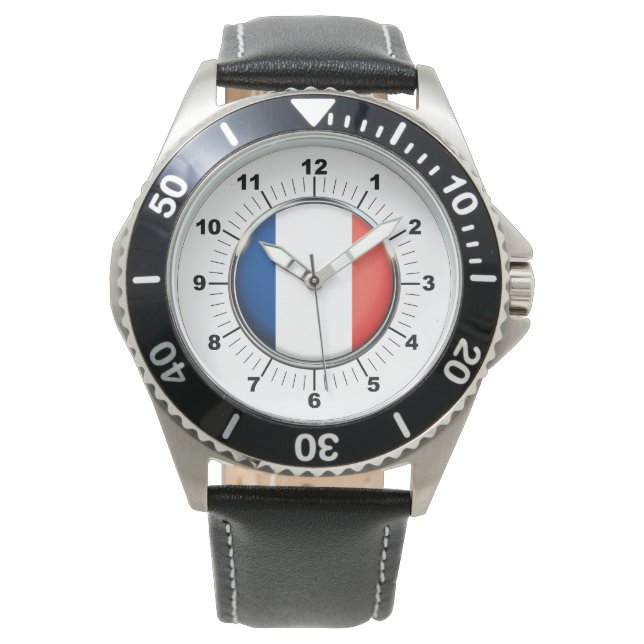 Men's France Flag Black Leather Strap Watch (Front)