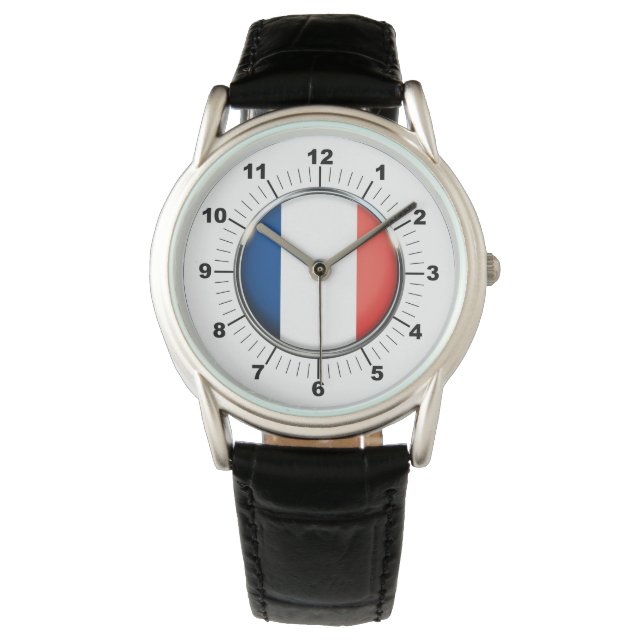 Men's France Flag Crown Black Leather Strap Watch (Front)