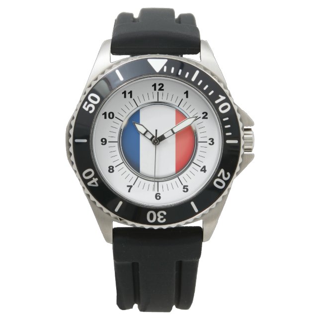 Men's France FlagBlack Rubber Strap Watch  (Front)