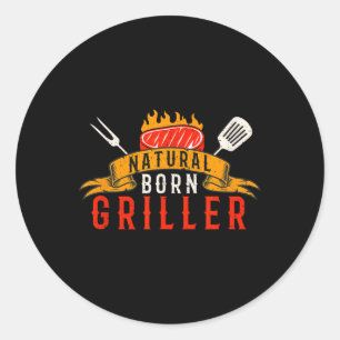 Mens Funny Bbq Natural Born Griller Retro Meat Smo Classic Round Sticker
