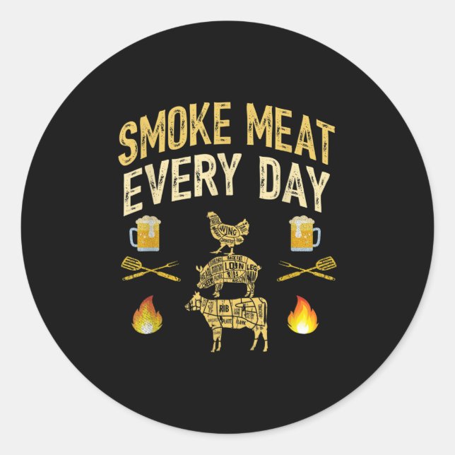 Mens Funny Dad Loves Bbq Smoke Meat Every Day Gril Classic Round Sticker (Front)