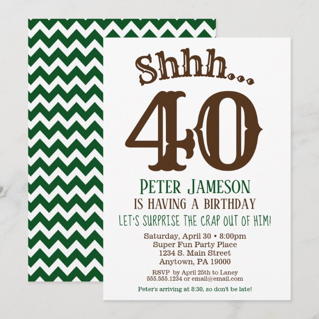 Mens Funny Surprise Party Invitation Brown Green (Front/Back)