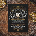 Mens Funny Whiskey 50th Birthday Invitation<br><div class="desc">Celebrate the big 5-0 with style and humour with this vintage whiskey label-inspired birthday design. The black, gold, and white typography is ornate and elegant, giving it a classic retro vintage feel. Perfect for man (or woman!) in your life who loves their scotch, spirits, bourbon, and other liquor drinks. Features...</div>