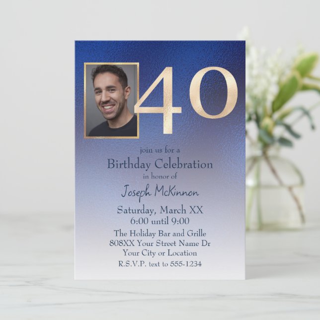 Men's Gold and Blue Gradient 40th Birthday Invitation (Standing Front)