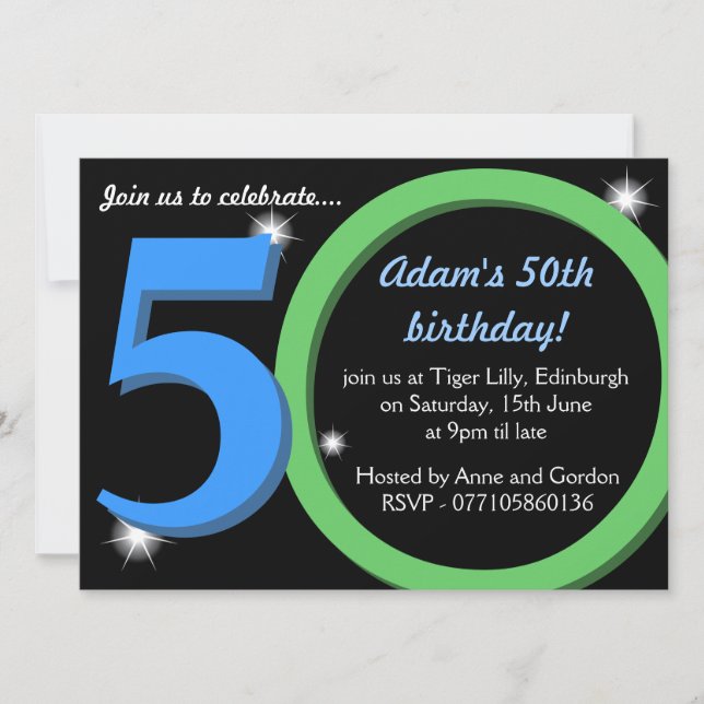 Mens Green / Blue fiftieth 50th Birthday Party Invitation (Front)
