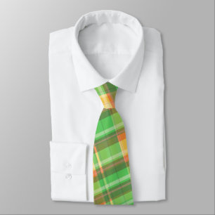 Men's green yellow orange plaid tie