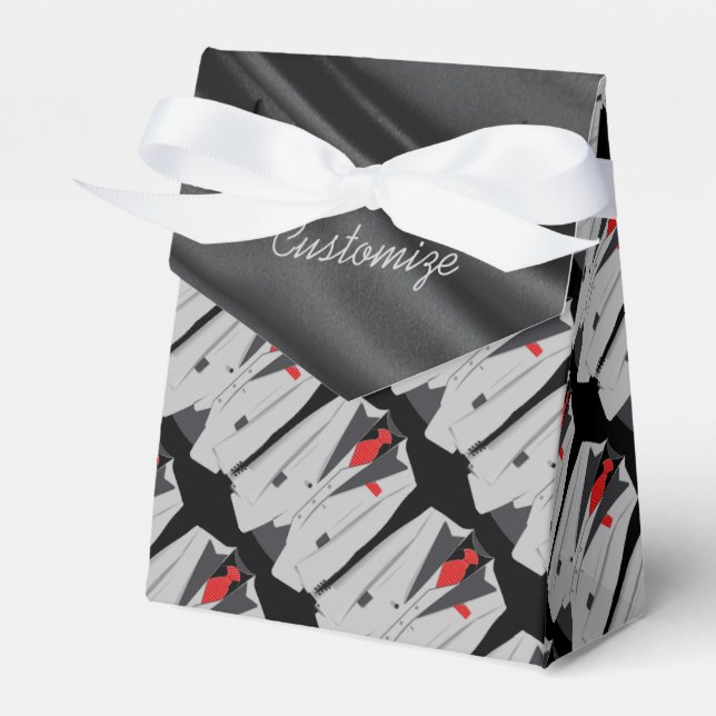 Men's Grey Suit and Red Tie Tent Favour Box (Front Side)