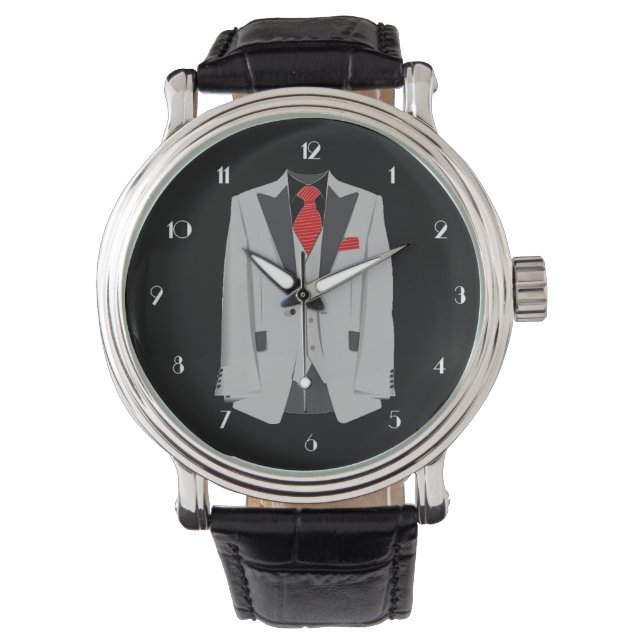 Men's Grey Suit and Red Tie Wrist Watch (Front)