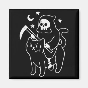 Mens Grim Reaper Riding A Cat Lazy Halloween Magnet