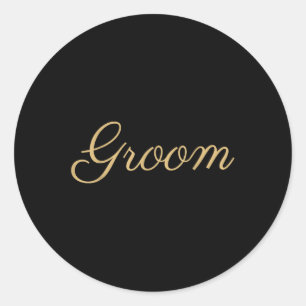 Mens Groom Wedding , Gold Script, Matching Bride Classic Round Sticker