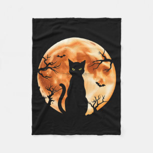 Mens Halloween Cat Moon Black Cat Creepy Bat Tree Fleece Blanket