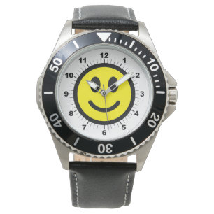 Men's Happy Face Black Leather Strap Watch