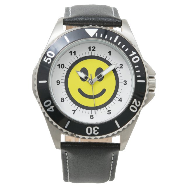 Men's Happy Face Black Leather Strap Watch (Front)