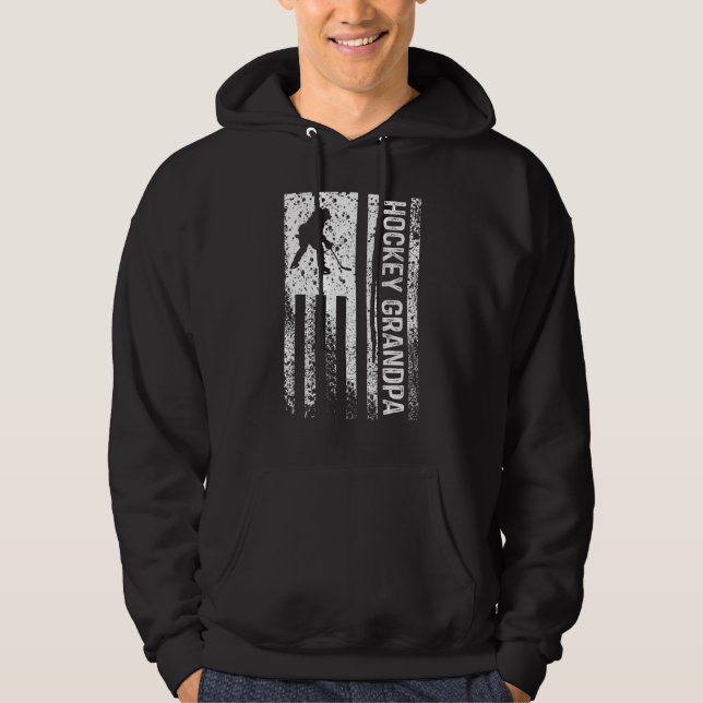 Mens Hockey Grandpa Distressed American Flag Hoodie (Front)