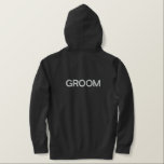 Men's Hoodie  Groom<br><div class="desc">For the Groom,  shown is a Heather Charcoal colour hoodie to relax in. 
White embroidered text on the front and back.</div>