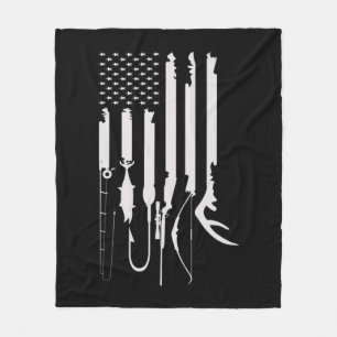 Mens Hunting Fishing USA Flag American Themed Deco Fleece Blanket