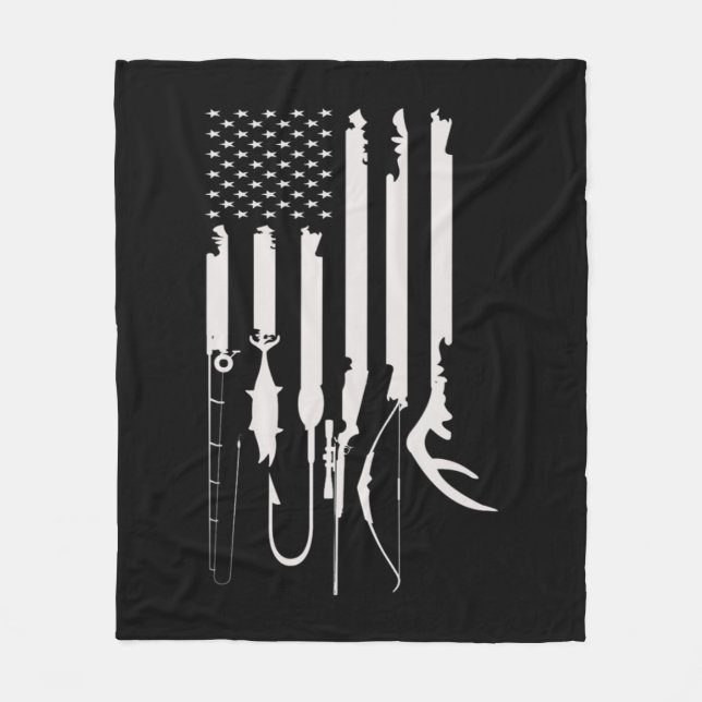 Mens Hunting Fishing USA Flag American Themed Deco Fleece Blanket (Front)