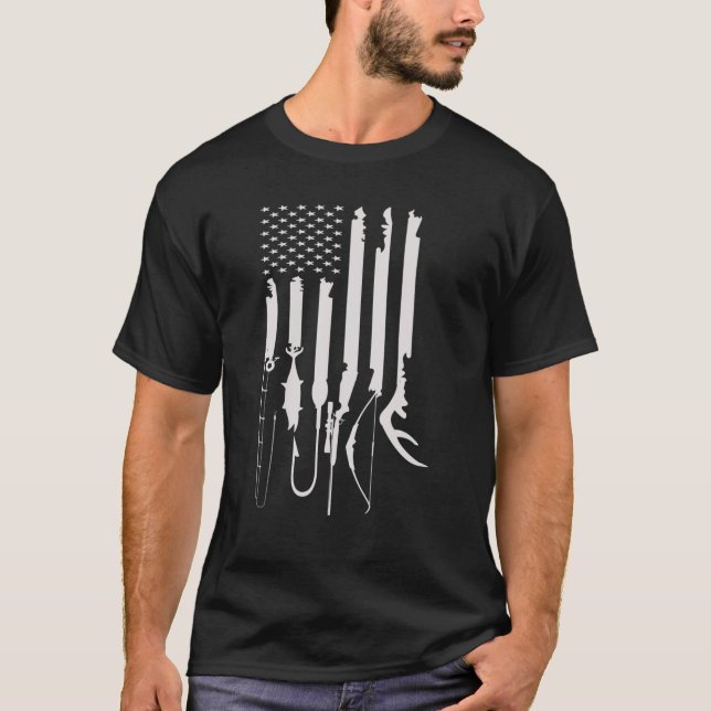 Mens Hunting Fishing USA Flag American Themed Deco T-Shirt (Front)