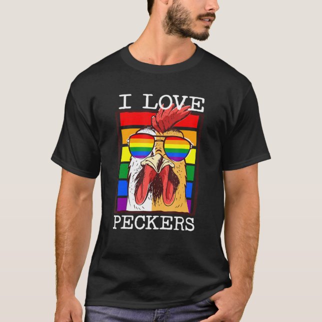 Mens I Love Peckers Rooster Gay Lgbt Rainbow Chick T-Shirt (Front)