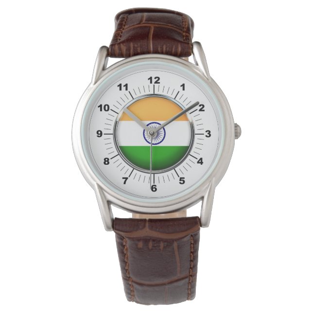 Men's India Flag Classic Brown Leather Strap Watch (Front)