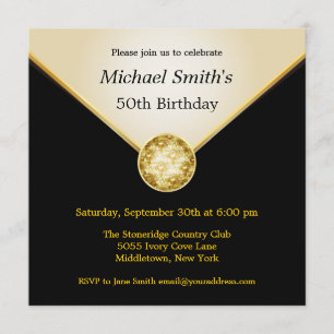 Mens Ivory Black Gold Elegant Birthday Invitations