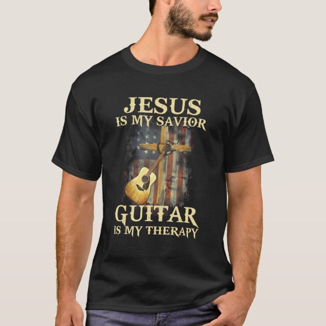 Mens Jesus Is My Saviour Guitar Is My Therapy Fath T-Shirt (Front)