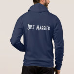 Mens Just Married Hoodie<br><div class="desc">This soft zip hoodie by Bella is for the groom to relax in,  shown in Navy with a Just Married text on the back. 
Customise this item or buy as is.</div>