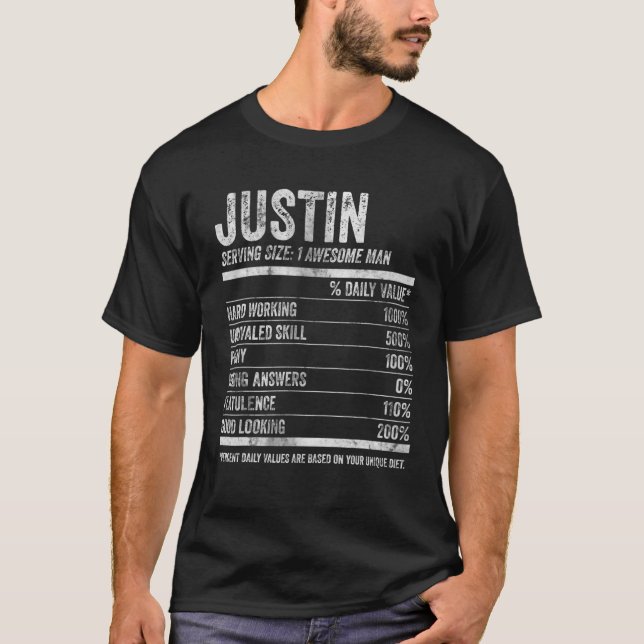 Mens Justin Nutrition Personalised Name Funny Name T-Shirt (Front)