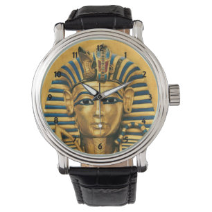 Mens King Tut Egyptian Black Leather Strap Watch