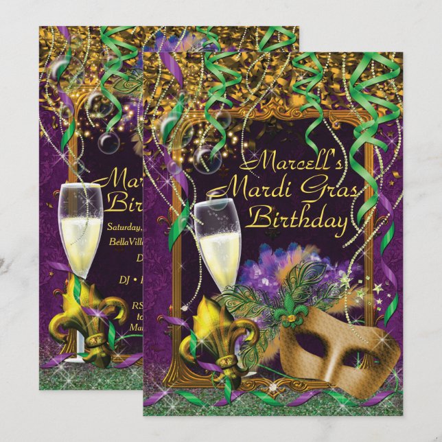 Mens Mardi Gras Birthday Party Invite (Front/Back)