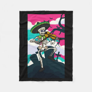 Mens Mariachi Violin Playing Skeleton - Day Of The Fleece Blanket